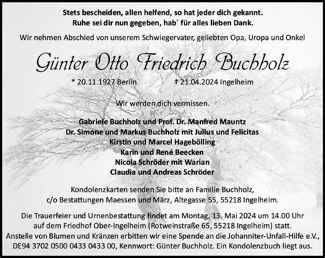 Traueranzeigen Von G Nter Otto Friedrich Buchholz Vrm Trauer De