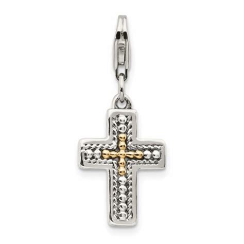 14K Gold Sterling Silver 3 D Antiqued Cross With Lobster Clasp Charm 1