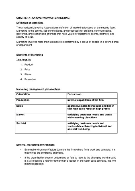 Mkt Chapter Chapter An Overview Of Marketing Definition Of