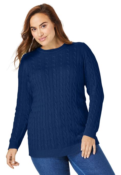 Woman Within Womens Plus Size Cable Knit Pullover Crewneck Sweater