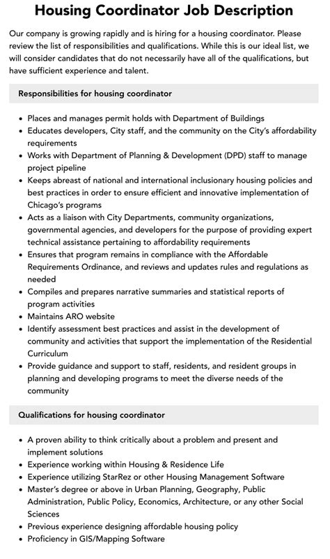 Housing Coordinator Job Description Velvet Jobs