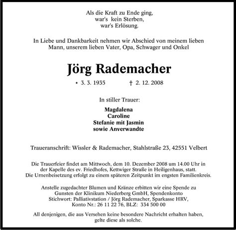 Traueranzeigen von Jörg Rademacher Trauer in NRW de