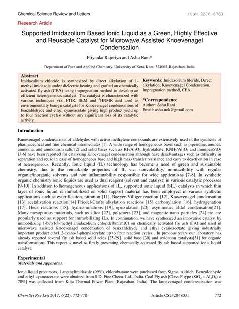 PDF Supported Imidazolium Based Ionic Liquid As A Green Highly