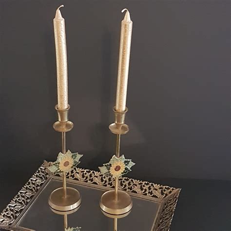 Pair Of Tall Brass Candlesticks Enameled Sunflower Candle Holder