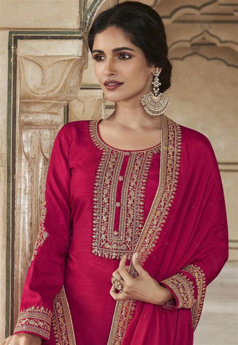 Buy Embroidered Art Silk Pakistani Suit In Fuchsia Online KCH11338