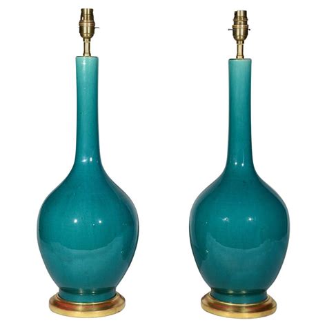 Pair Of Chinese Deep Turquoise Green Glazed Porcelain Table Lamps For