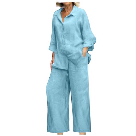 Posijego Womens 2 Piece Outfit Linen Lounge Set Oversized Long Sleeve