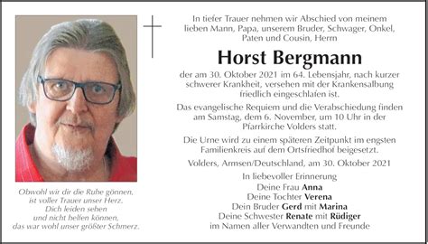 Traueranzeige Von Horst Bergmann Vom 30 10 2021 Tiroler Tageszeitung