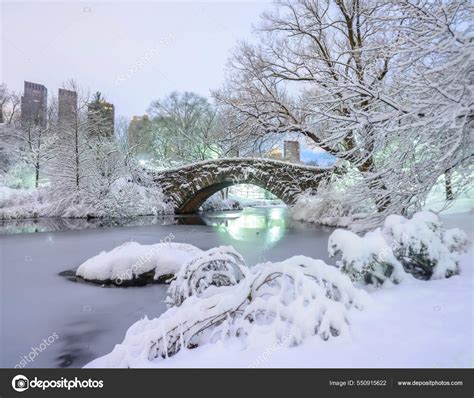 Gapstow Bridge Central Park Winter Snow Storm Stock Photo By