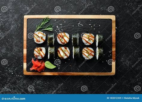 Sushi Rolls Of Seafood Okinawa Eel Fish Cheese Cucumber And Unagi