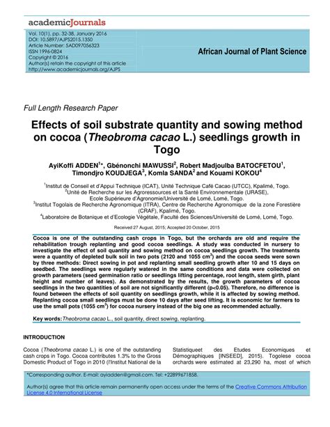 Pdf Effects Of Soil Substrate Quantity And Sowing Method On Cocoa