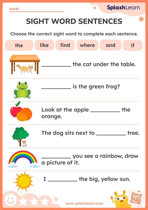 Choose The Correct Sight Word To Complete Each Sentence Worksheet