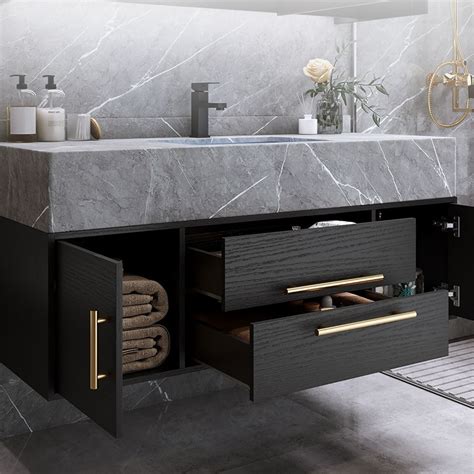 Modern Floating Black Bathroom Vanity Stone Top Wall Mounted