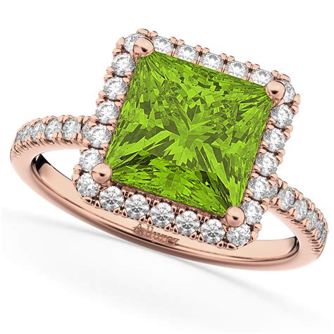 Princess Cut Halo Peridot And Diamond Engagement Ring 14k Rose Gold 3