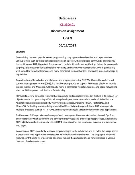 Databases 2 Discussion Assignment 3 Databases 2 CS 3306 Discussion