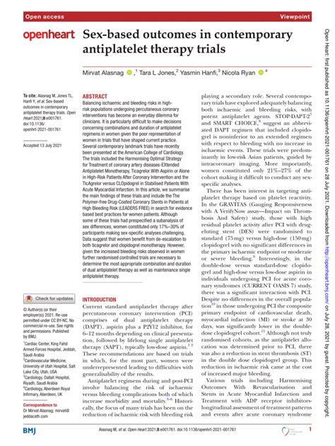 Pdf Sex Based Outcomes In Contemporary Antiplatelet Therapy Trials