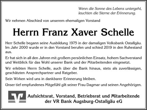 Traueranzeigen von Franz Xaver Schelle Allgäuer Zeitung