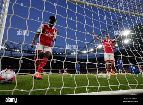 Arsenals Leandro Trossard Right Celebrates Their Sides Second Goal