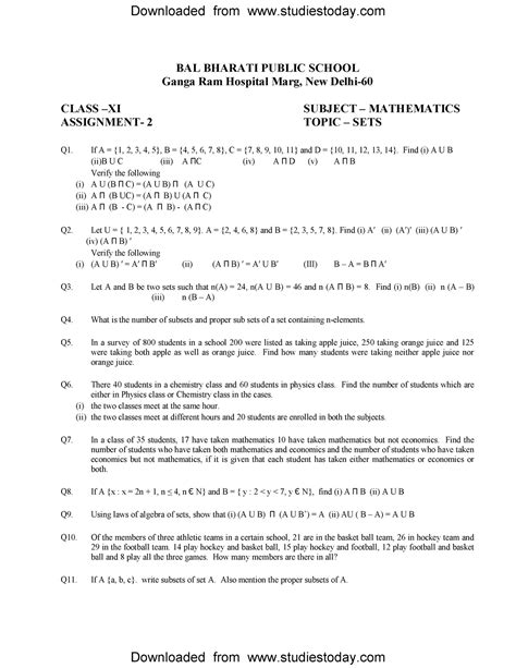 Cbse Class 11 Mathematics Set Theory Worksheet Set A Bal Bharati Public School Ganga Ram