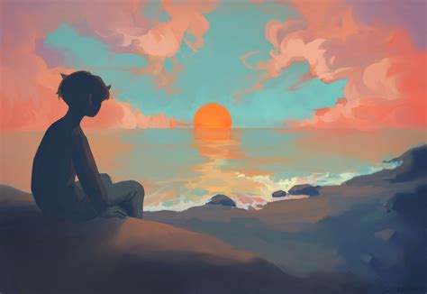 Fondos de pantalla ilustración niños paisaje mar puesta de sol