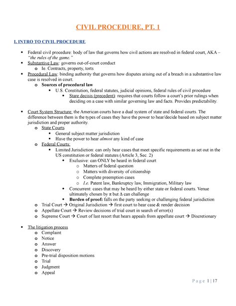 Outline Civ Pro I Civil Procedure Pt 1 I Intro To Civil Procedure