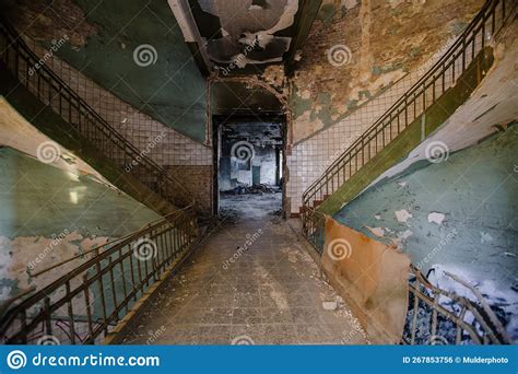 Old Spiral Staircase At The Old Burnt Abandoned Building Stock Photo