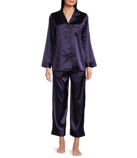 Cabernet Solid Woven Satin Notch Collar Long Sleeve Pant Pajama Set