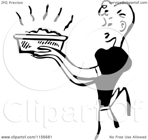 Clipart of a Black and White Retro Housewife Carrying a Fresh Casserole - Royalty Free Vector ...