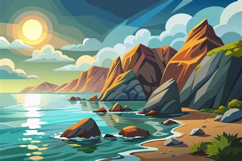 Premium Vector Rocky Shore With Rocks And The Sea And The Sun Shining