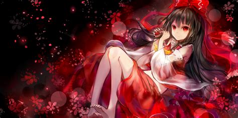 Barefoot Black Hair Hakurei Reimu Hanchan Japanese Clothes Long Hair