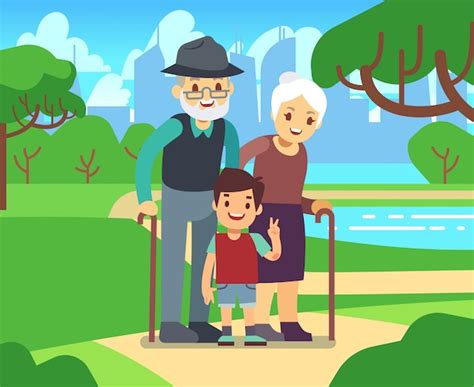 Premium Vector Happy Cartoon Older Couple With Grandson In Park