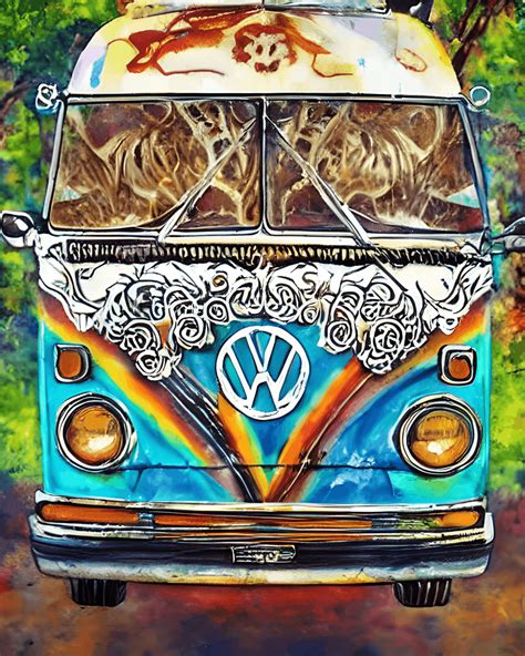 Hippie Painter Painting Picture of VW Bus Illustration Cartoon · Creative Fabrica