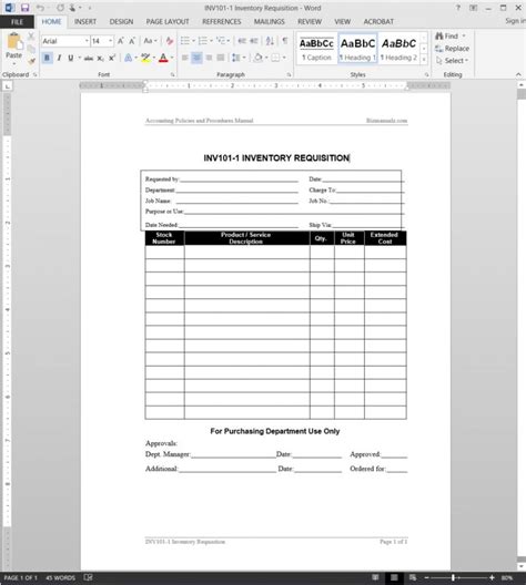 Inventory Requisition Form Template