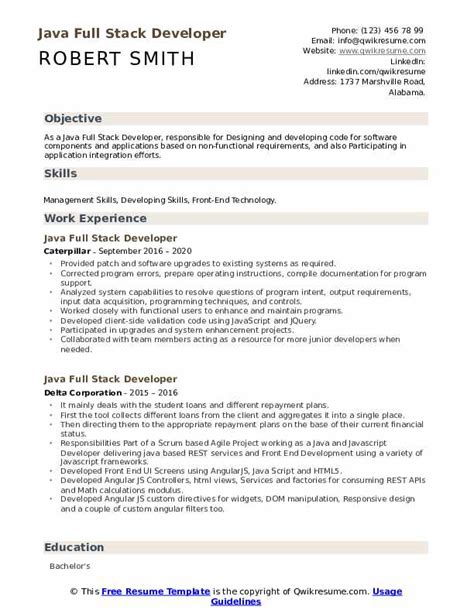 Java Full Stack Developer Resume Samples QwikResume