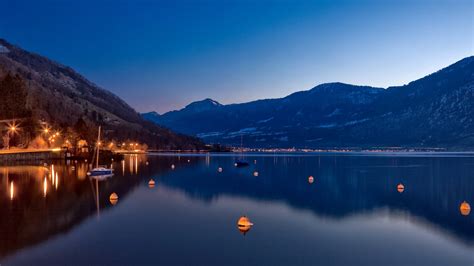 Landscape Mountains Boat Night Lake Water Nature Reflection