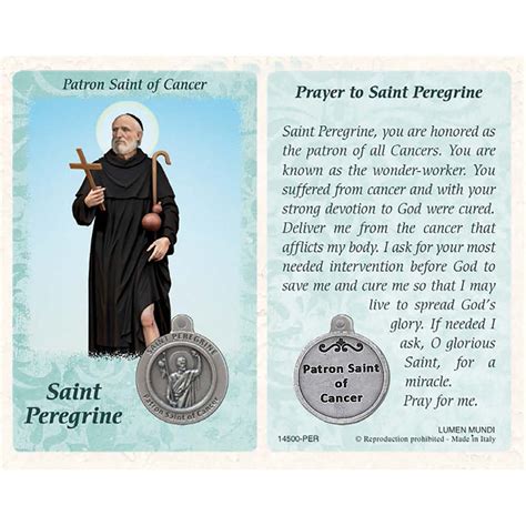 Healing Saints Prayer Card With Medal Saint Peregrine Patron Saint Of Cancer Lumen Mundi