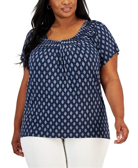 Style And Co Plus Size Printed Pleat Neck Top Created For Macys Macys