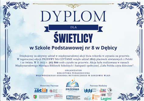 Dyplom Dla Wietlicy Szkolnej Za Udzia W Akcji Przerwa Na Czytanie