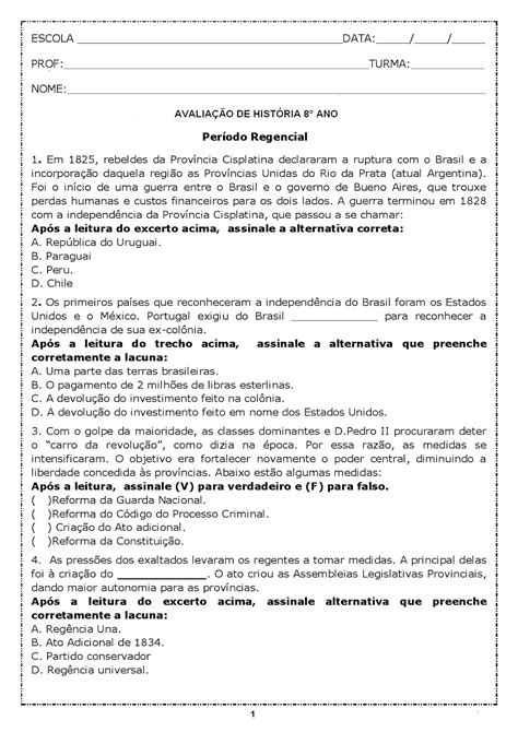 HistÓria 8° Ano Provas Com Gabarito AvaliaÇÕes Simulados Atividades