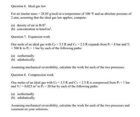 Solved Question 6. Ideal gas law 28.85 g/mol) For air (molar | Chegg.com 