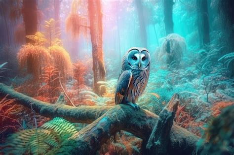 Premium Ai Image A Painting Of A Blue Owl Sitting On A Branch In A Forest