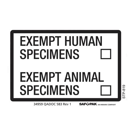 Saf T Pak Inc Stp 819 Exempt Human Exempt Animal Specimen Label 2 X