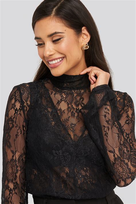 High Neck Lace Top Black Na Kd