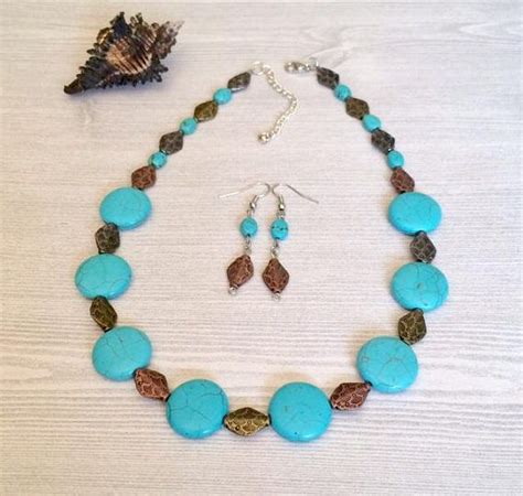 Bold Turquoise Necklace Set Beaded Statement Necklace Flat Bead Necklace Turquoise Jewelry