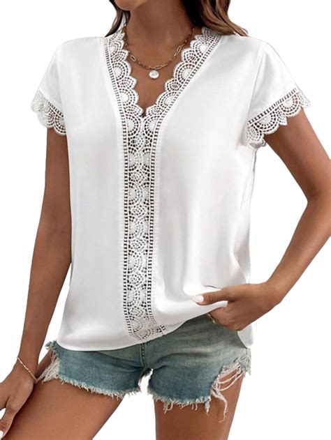 Lyaner Women S V Neck Contrast Lace Short Sleeve Solid Pullover Tee