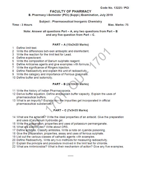 Osmania University B Pharmacy I Semester Pci Suppl Subject Pharmaceutical Inorganic