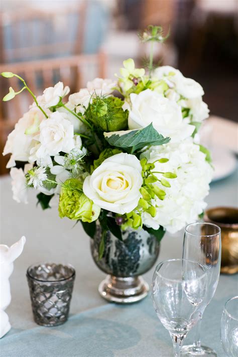 Classic White Rose Centerpiece In Mercury Glass Vase White Rose Centerpieces Wedding