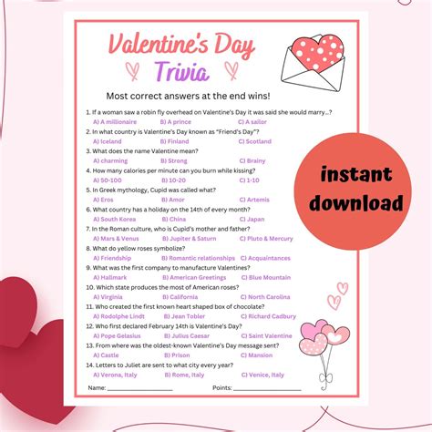 Valentines Day Trivia Game Adult Valentines Trivia Printable Valentines