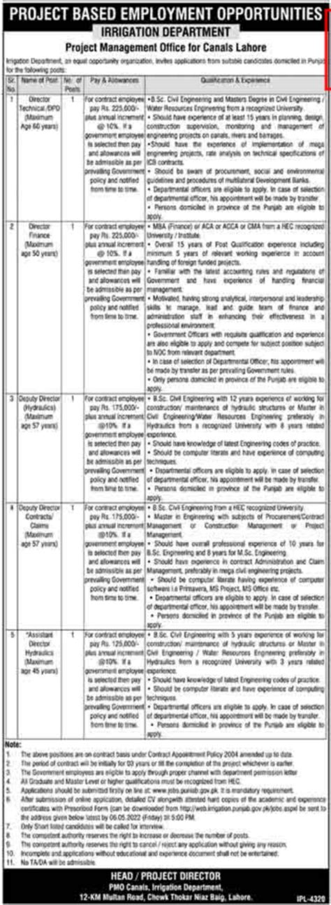 Irrigation Department Lahore Director Jobs 2022 2024 Job Advertisement