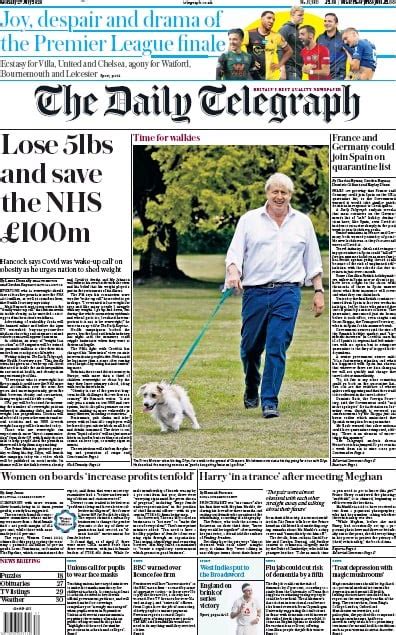 The Daily Telegraph Uk Front Page For 27 July 2020 Paperboy Online